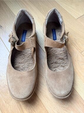 Lands' End Camel Suede Mary Jane Flats with Buckle Strap